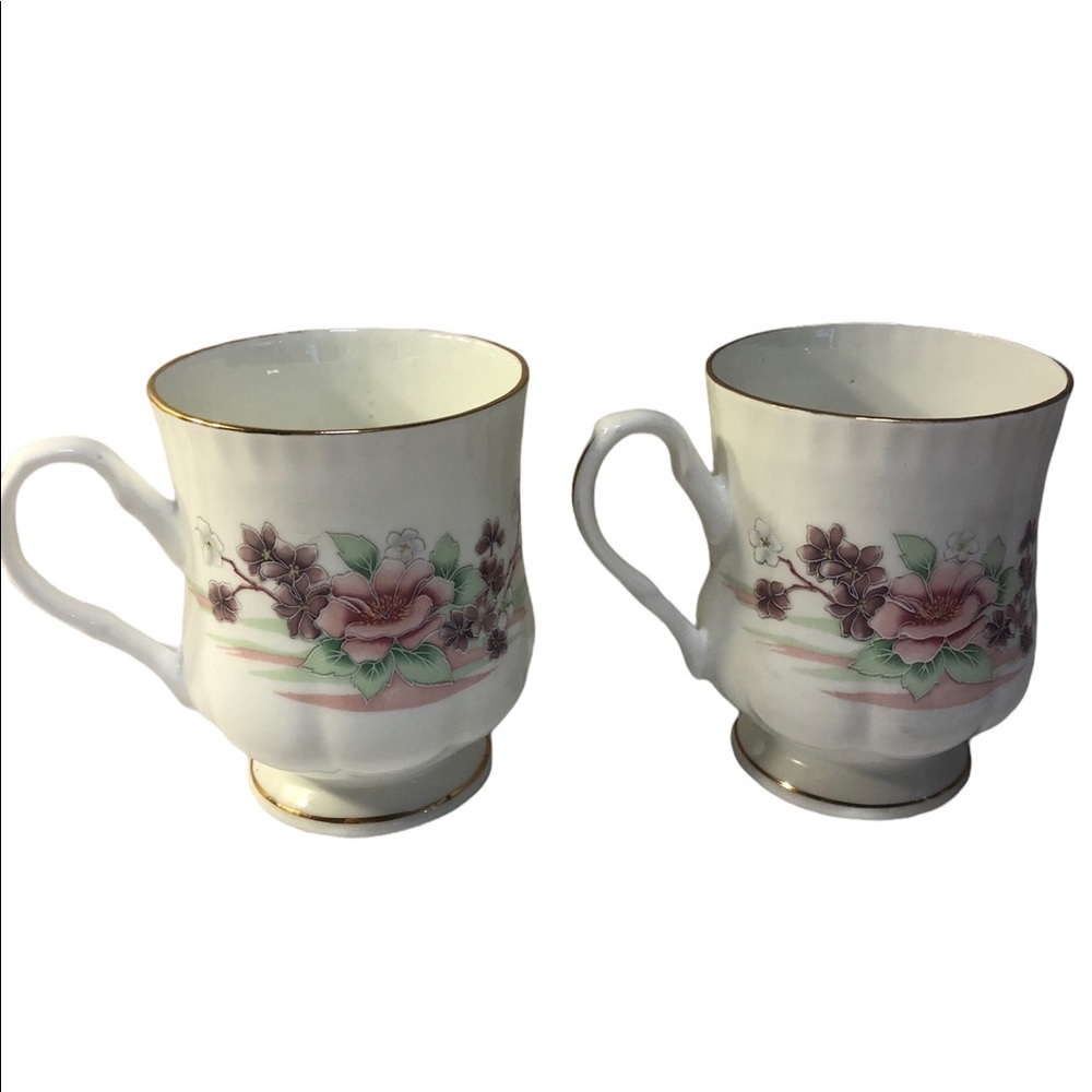 Pair of Crown Ceramics India bone china footed coffee | tea mugs.